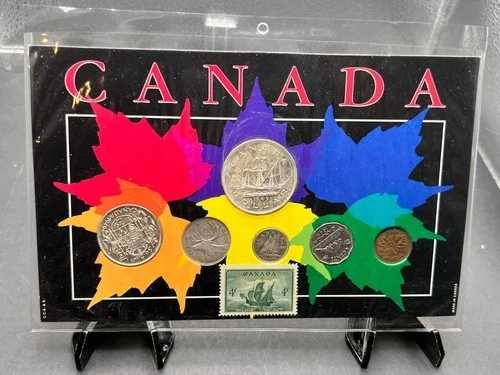 1949年カナダ6枚硬貨と切手造幣局セット（カナダ段ボール製ディスプレイ）