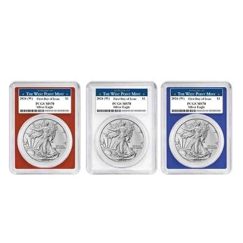 2024年 (W) 1ドル アメリカン シルバー イーグル 3枚セット PCGS MS70 FDOI ウェストポイント ラベル レッド｜WORLD RESOURCE【QUEEN店】
