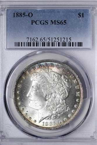 GEM BU 1885-O モルガン銀貨 PCGS MS65 リムトーニング URCLT