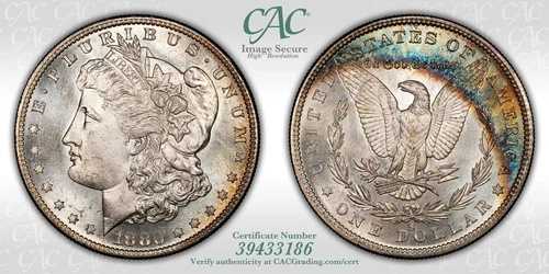 1880-S 1ドルモルガン銀貨 CACG MS65、クレセントレインボートーニング｜WORLD RESOURCE【QUEEN店】