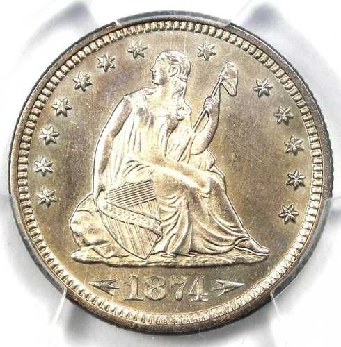 1874年製 アローズ座位自由の女神 25セント硬貨 - PCGS 未流通詳細 (UNC MS)|WORLD RESOURCE【QUEEN店】