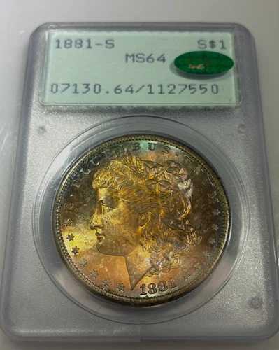 レインボートーンのテキスタイル 1881 S モーガン シルバー ダラー ラトラー PCGS MS64 CAC オレンジ!