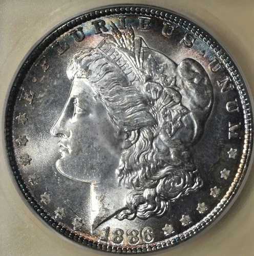1886-P モルガン銀貨 ICG MS67 ほぼ白色！縁に虹の兆しあり！