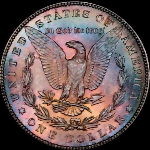 1885年製 1ドルモルガン銀貨 CACG MS-63。なんと虹色に輝いています！
