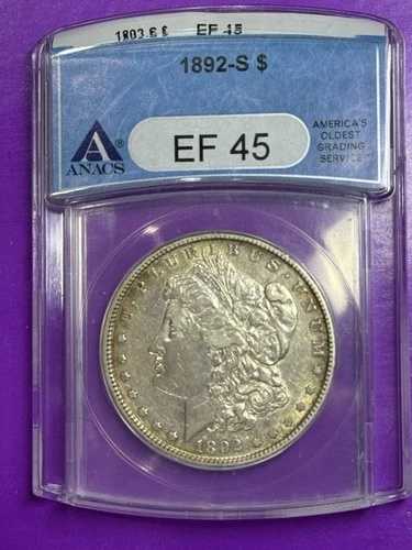 1892-S モーガン シルバー ダラー コイン、ANACS EF-45 ** 非常に人気のあるキー デート!