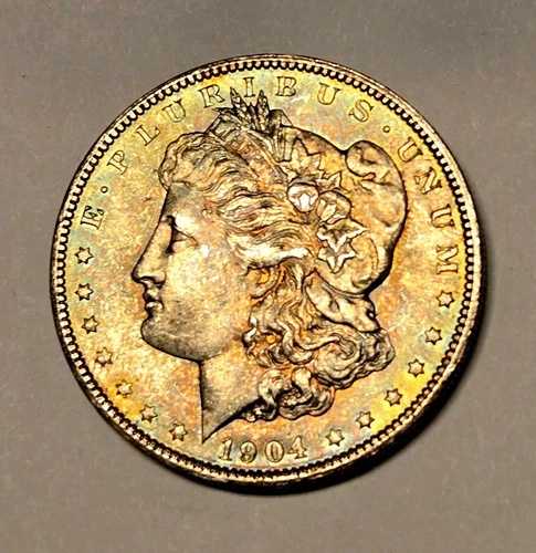 1904年 O モルガン・ダラー 真の虹色 完全に斑点のあるトーン 表面/裏面 本物の宝石 希少