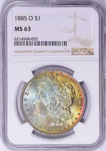 1885 O モルガン シルバー ダラー NGC MS63 レインボートーンの派手なコイン 美しい色