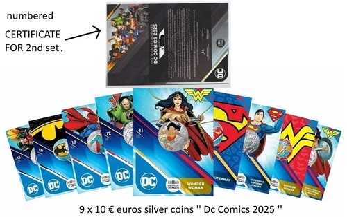 2025 2nd SET 9 x 10 ? ユーロ シルバーカラーコミック スーパーマン付き + 証明書 COA