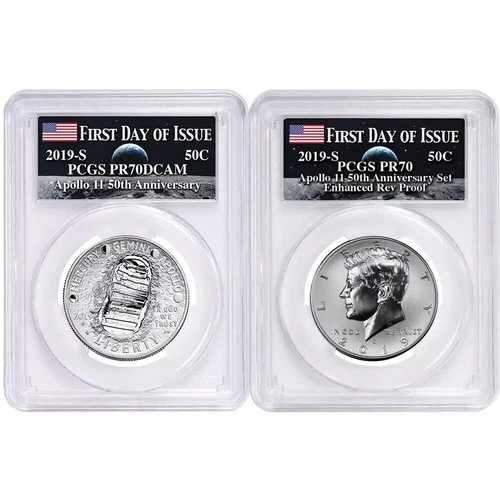 2019-S 50セント アポロ11号 50周年記念 ハーフドル 2枚セット PCGS PR70 FDOI アポロラベル
