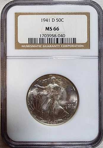 1941年頃 NGC MS 66 D ウォーキング・リバティ・ハーフダラー ミントステート 50C ラスター (L181)