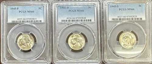 1945-P/D/S ジェファーソン ニッケル 3点セット MS66 PCGS (#PA47092815)