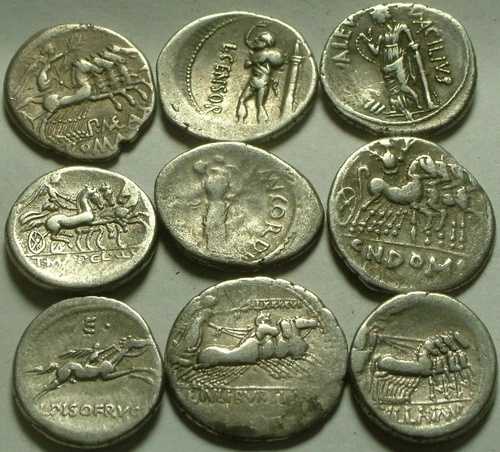 古代ローマのオリジナル銀貨1枚、共和政ローマのデナリウス、アポロの勝利のクアドリガ