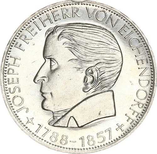 ドイツ連邦共和国記念コイン 5 DM 1957 J Freiherr von Eichendorff 未流通、F. BU/UNC。 J 391-