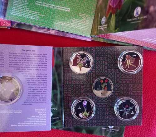 ギリシャ、全年、固有の花シリーズ、完全セット、5ユーロ銀貨!