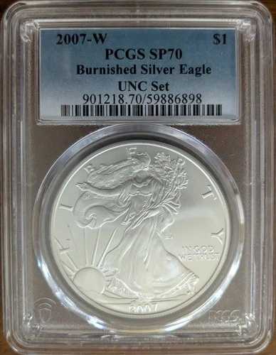 2007-W、PCGS SP 70、バーニッシュ加工アメリカンシルバーイーグル、年次ドルコインセットより