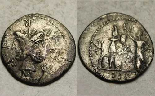 希少な古代ローマ銀貨フリウス Lf フィラス デナリウス 119BC ヤヌス ガリアの腕