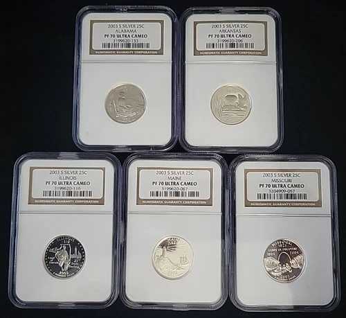 2003年 シルバープルーフ 州 25セント硬貨セット NGC PF70 | AL、AR、IL、ME、MO PR70