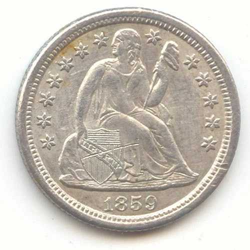1859-O 着席型自由の女神ダイム、AU-Unc 詳細