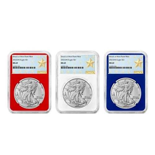3点セット - 2023 (W) $1 1オンス アメリカン シルバー イーグル NGC MS69 ウェストポイント スターラベル