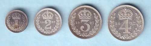 イギリス。1937年ジョージ6世 - 4ピース シルバー マウンディ セット。1ペンス、2ペンス、3ペンス、4ペンス。プルーフ