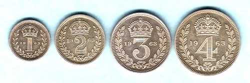 イギリス。1963 年エリザベス 11 世 - 4 ピース シルバー マウンディ セット。1 ペンス、2 ペンス、3 ペンス、4 ペンス。