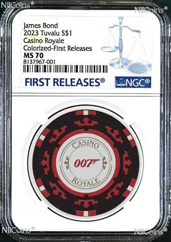 2023 ロイヤルカジノチップ .9999 カラーシルバー $1 1オンスコイン NGC MS70 ジェームズボンド 007