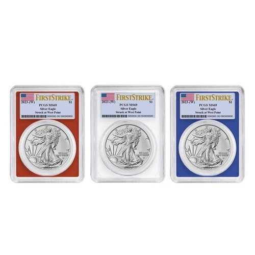 3点セット - 2023年 (W) $1 1オンス アメリカン シルバー イーグル PCGS MS69 FS フラッグラベル レッド|WORLD RESOURCE【QUEEN店】