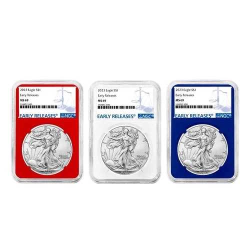 3点セット - 2023年 1ドル 1オンス アメリカン シルバー イーグル NGC MS69 ER ブルーラベル レッド ホワイト｜WORLD RESOURCE【QUEEN店】