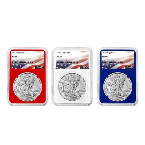 3点セット - 2023年 1ドル 1オンス アメリカン シルバー イーグル NGC MS69 フラッグラベル レッド ホワイト ブルー|WORLD RESOURCE【QUEEN店】
