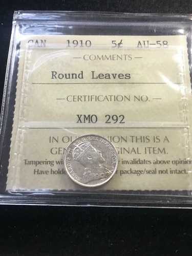 1910年ラウンドリーフ** ICCSグレードカナダ、5セント、**AU-58**。#XMO 292