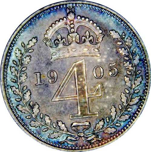 イギリス マウンディ コイン セット 1905 エドワード 7 世 1 ペンス、2 ペンス、3 ペンス、4 ペンス + オリジナル ケース セット 2