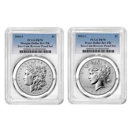 2枚セット - 2024-S リバースプルーフ $1 モルガン＆ピース シルバーダラー PCGS PR70 ブルー