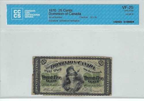 1870年 カナダ自治領 25セント シンプラスター DC-1b CCCS VF-25 ラージB (9304)