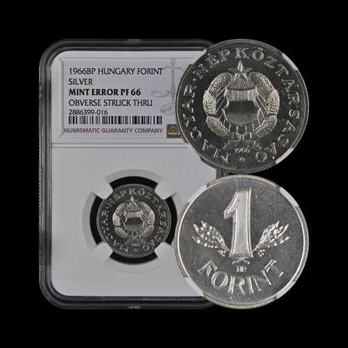 ハンガリー 1966年 1フォリント 銀貨 - NGC PF66 - 表面貫通刻印あり、Ex-Set、希少