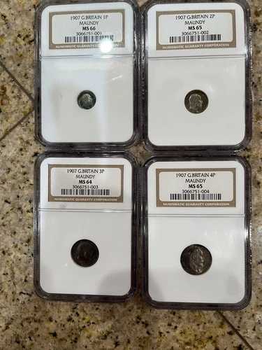 イギリス マウンディ銀貨4枚セット、1907年、エドワード7世。NGC鑑定済み