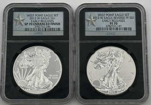2013 W リバース PF シルバー イーグル NGC PF70 & エンハンスト SP70 2 コイン ウェストポイント セット*SC