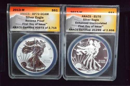 2013-W シルバーイーグル 2枚セット ANACS EU70/RP70 エンハンスド/リバース 初日発行