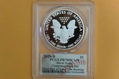 2020-W $1 シルバーイーグル PCGS PR70DCAM お祝いセット FDI ジム・バニング