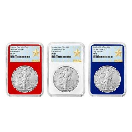 2026年 (W) 1ドル アメリカン シルバー イーグル 3枚セット NGC MS69 ER ウェストポイント スターラベル レッド