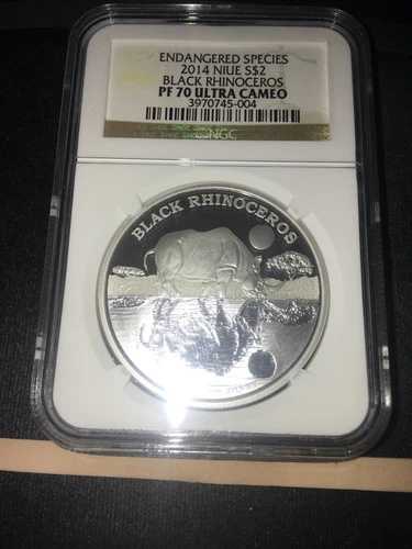2014年 ニウエ $2、スイスワイルドライフ、クロサイ 1オンス .999Ag NGC**PF-70 UC