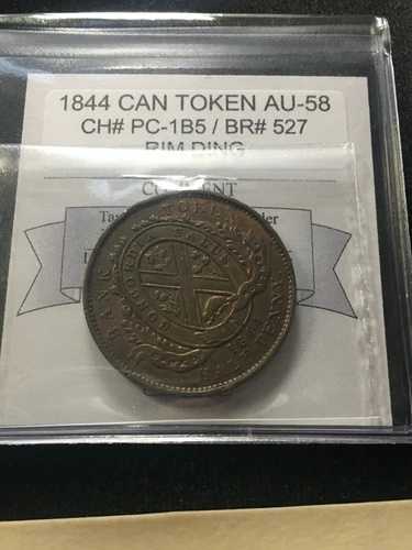 1844年 ハーフペニートークン、ブルトン #527 ; CH# PC-1B5、コインマートグレード **AU-58** リム