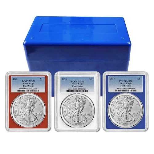 2025年 1ドル アメリカン シルバー イーグル 3枚セット PCGS MS70 FS ブルーラベル レッド ホワイト ブルー