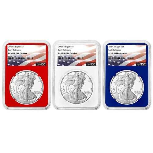 2024-S プルーフ $1 アメリカン シルバー イーグル 3枚セット NGC PF69UC ER 旗ラベル レッド
