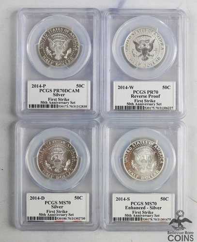 4枚セット：2014年 P/D/S/W 米国 50セント銀貨 ケネディ50周年記念 コイン PCGS MS70 / PR70 86,515円