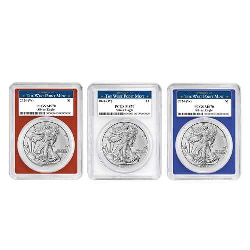 2024年 (W) 1ドル アメリカン シルバー イーグル 3枚セット PCGS MS70 ウェストポイント ラベル レッド ホワイト