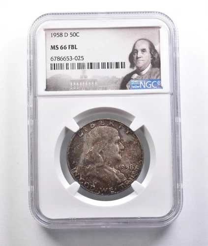1958-D フランクリン ハーフダラー MS66 FBL NGC 美しいミントセットトーン *6766