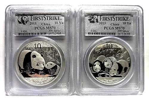 2011年と2013年 10 Yn ファーストストライク PCGS MS70 .999 シルバー チャイナパンダ（2枚セット）