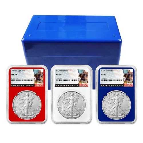 3枚セット - 2026年 1ドル 1オンス アメリカンシルバーイーグル NGC MS70 ブラックラベル レッド ホワイト ブルー