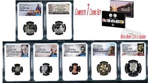 2021年 米国造幣局 7枚セット シルバー プルーフ 10セント ニッケル クォーター 1ドル 50セント NGC PF70 FR