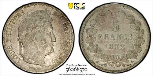 1832-A フランス 5フラン、ルイ・フィリップ1世 - PCGS EF 詳細 56,100円